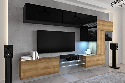 Ensemble Meuble TV Mural Suspendu Salon – Meuble Salon Design Moderne avec colonnes - Vitrines et rangements avec éclairage LED Blanche (AN92NEW-21BDZ-HGM24)