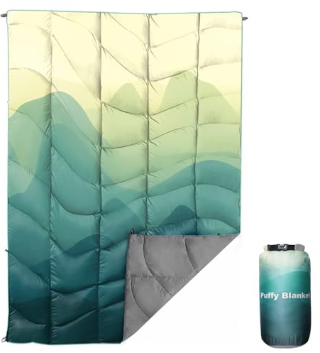 GLORSIGN Outdoor Puffy Camping Blanket, Lightweight Down Alternative Printed Large Ultra Warm Quilt Waterproof for Traveling Picnic Beach Party Cold Weather (Green Mountain)