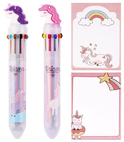 2* 10-in-1 Einhorn Kugelschreiber + 2* Haftnotizen schöner Mitgebsel einziehbarer 10 farben Mehrfarbig Stifte Druckstift Multifunktionsmarker Süße Multicolor Farbwechselstifte für Schüler Geschenk