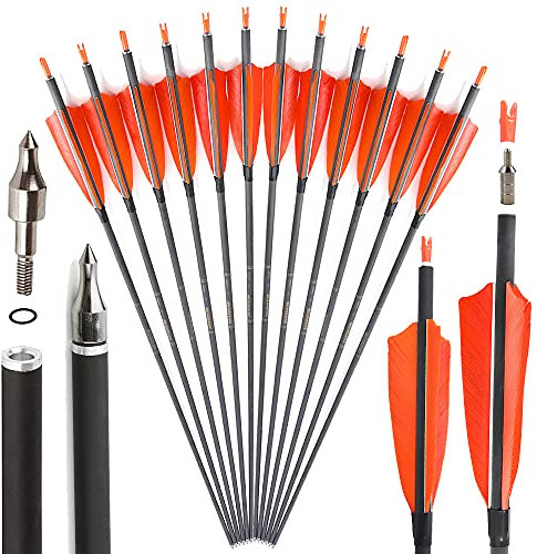 SHARROW 33 Zoll Carbon Pfeile für Bogenschießen Carbonpfeil Spine 400 Jagd Pfeile Carbon Jagdpfeile mit 4 Zoll Natürliche Federn Pfeile für Pfeil Bogen Recurvebogen Compoundbogen (orange, 12p)