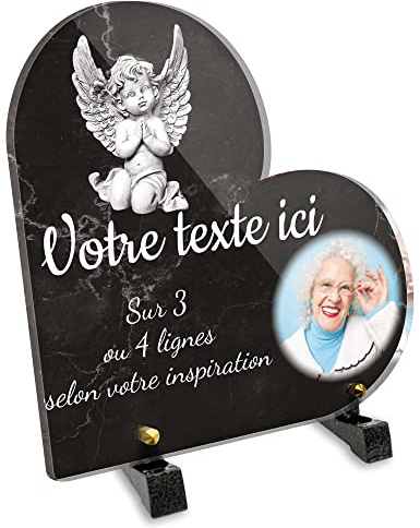 Plaque funéraire Coeur avec Photo Personnalisable en plexi Motif Petit Angelot, différentes Tailles, épaisseur 6mm, personnalisée sur Plusieurs Lignes 20x20 cm