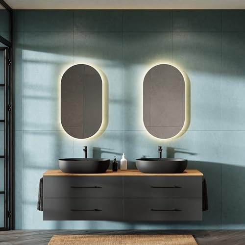 Planetmöbel LUX - Juego de muebles de baño con mueble bajo de 180 cm, suspendido, con 2 lavabos de 60 cm, color negro, mueble para lavabo dorado/antracita