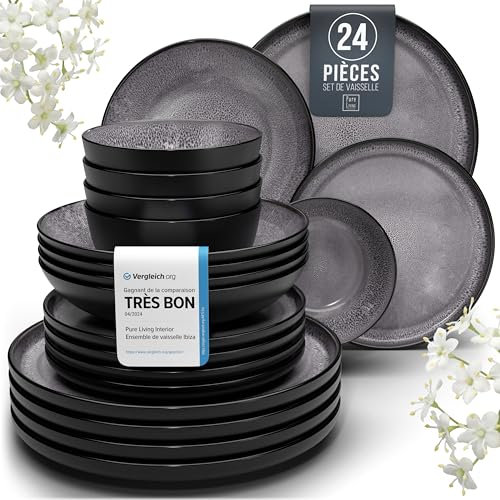 24 Piece Dinner Sets for 6 People - Beautiful Mediterranean Style Stoneware Dinner Set for 6 - Dishwasher & Microwave Safe Plates and Bowls Set for 6 - Dinnerware Sets by Pure Living in Dark Grey