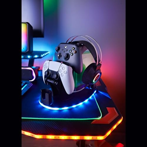 Gaming Headset & Controller Stand With LED Lights - Gaming Setup Gear Management Stand - LED Gaming Accessories Rack - Headphone and Controller Storage - Multi-Device USB Hub - Game Room Organization