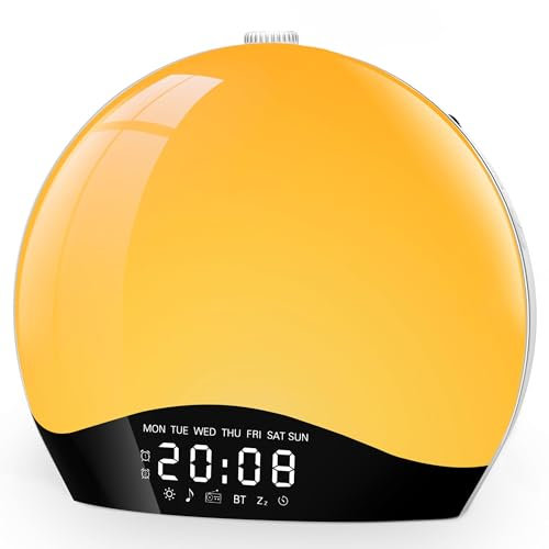 Bluetooth Tageslichtwecker Lichtwecker, Wake up Light, Wecker mit Licht, Sonnenaufgang Sonnenuntergang Simulation, Bluetooth Lautsprecher, 22 Naturgeräuschen, 20 Helligkeit Nachttischlampe für Kinder