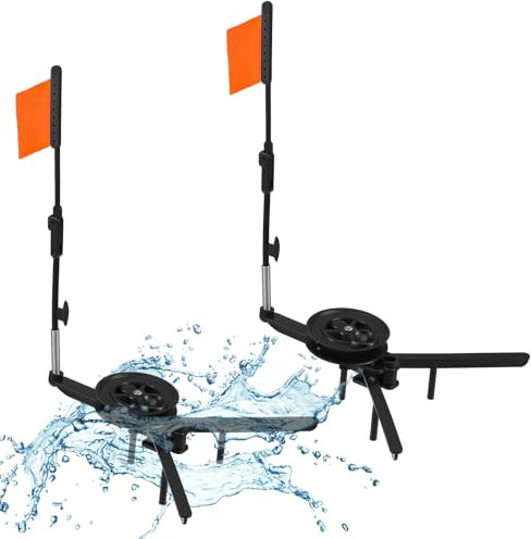 Silipull 2 Pcs Ice Fishing Tip Ups Equipment Gear Ice Fishing Rod Foldable with Orange Pole Flags Round Tip Ups Strike Indicators for Angler Tackle Accessory