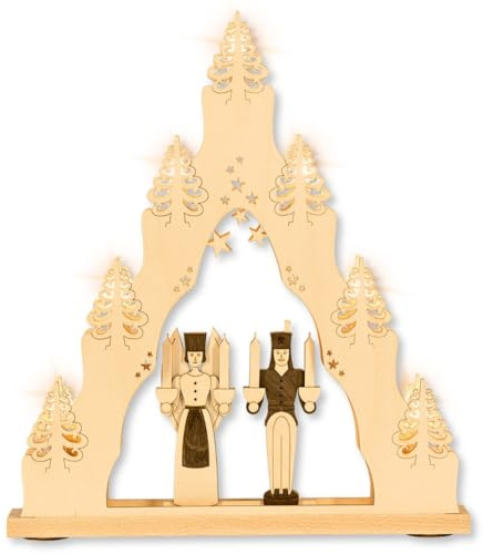 weigla - Lichterspitze original Erzgebirge I Motiv Engel & Bergmann I Lichterbogen Weihnachten I 7 Lampenkerzen + 1 Ersatzlampe I 7 x 34 V, 3 W, E10 I beleuchtete Weihnachtsdeko innen I aus Holz