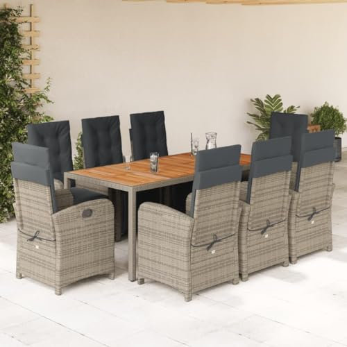 SECOLI Polyrattan Sitzgruppe Garten Essgruppe 8 Personen Rattan Gartenmöbel Set mit 8 Rattansessel Hochlehner Verstellbar Essgruppe Outdoor Gartengarnitur Sitzgarnitur Grau 9-tlg-Type-205