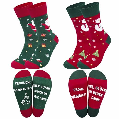Chalier Cozy 2 Paar Lustige Weihnachtssocken für Herren Damen Weihnachten farbigen gemusterten Weihnachts Strick Crew Socken Geschenk Weihnachtsmann Neuheit Socken, Einheitsgröße2