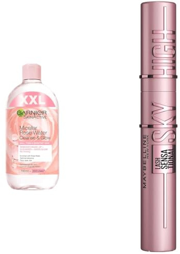 Garnier Mizellen Reinigungswasser, mit Rosenwasser, Reinigung und schonendes Abschminken, SkinActive, 1 x 700 ml + Maybelline New York Schwarze Wimperntusche, Sky High Mascara, Very Black, 7,2 ml