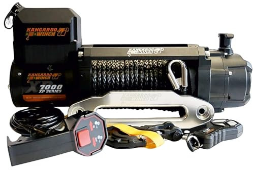 KANGAROO WINCH Schnelle Elektrische Seilwinde 12V mit Funkfernsteuerung - 7000 lbs Zugkraft - Langlebiges Kunststoffseil - Perfekt für Offroad - 4x4 Forst- und Nutzfahrzeuge (K7000XP)
