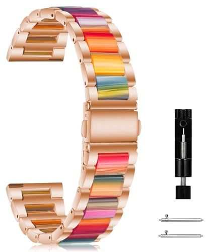 MaEiol 20mm Armband für Samsung Galaxy Watch FE 40mm / Samsung Galaxy Watch 7/6/5/4 40mm 44mm / 6 Classic 43mm 47mm, Harz Armband Resin Edelstahl Metall Armbänder für Herren Damen - Roségold+Rainbow