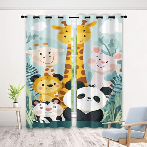 Generisch Cartoon Wild Tier Zoo Vorhänge Wohnzimmer Niedlich Kinder Gardinen Schlafzimmer mit ösen Blickdicht Vorhang Blackout Curtain 260 cm Lang 280 cm Breit 2er Set