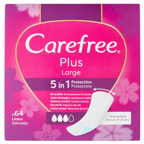 Carefree Slipeinlagen Plus Large ohne Parfüm, extra breiter Damen-Slip mit 5in1-Schutz für 8 h trockenes Gefühl, ultradünne Saugeinlagen ohne Duft für den täglichen Gebrauch, 64 Slipeinlagen