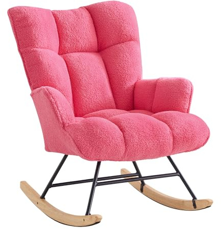 XH.Easy Go Schaukelstuhl Stillsessel Schaukelsessel mit Armlehnen Gepolsterter Stillstuhl Relaxsessel für Wohnzimmer Schlafzimmer Babyzimmer, Bis 136 kg Belastbar, HotPink