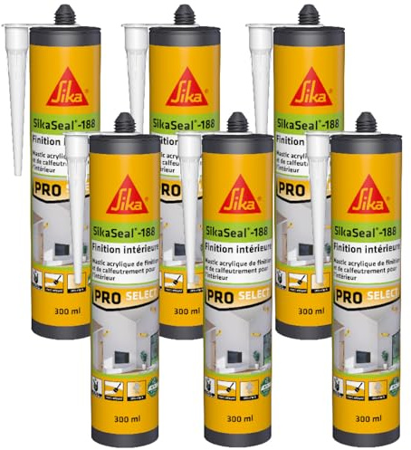 SIKA - Mastic acrylique - SikaSeal-188 Finition Intérieure blanc - Joint statique de finition et calfeutrement - Usage intérieur - Sans odeur - 300 ml (Lot de 6)