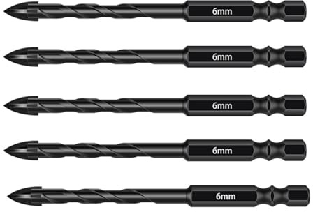 Anhoer Lot de 5 forets pour carrelage de 6 mm - Foret à pierre avec tige hexagonale en carbure de tungstène - Foret céramique pour métal, brique, verre, plastique, bois, noir