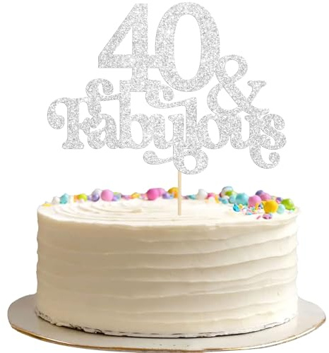 Ephlyn 1Pc 40 & Fabulous Cake Topper Glitter Forty and Fabulous Cake Toppers Happy 40th Birthday Cake Pick for 40th Wedding Anniversary Birthday Party Decorations Supplies Silver