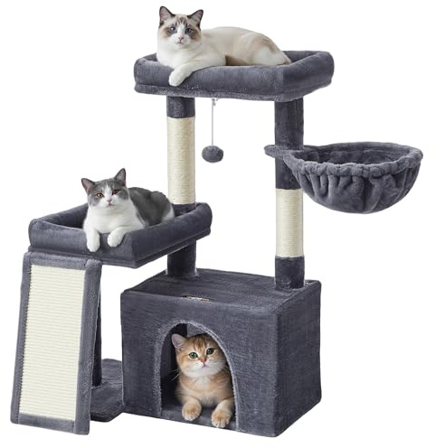 Feandrea Árbol para Gatos, Torre de Juegos con 2 Camas Grandes, Postes Rascadores y Rampa, 85,8 cm de Altura, Gris Oscuro PCT013GS01