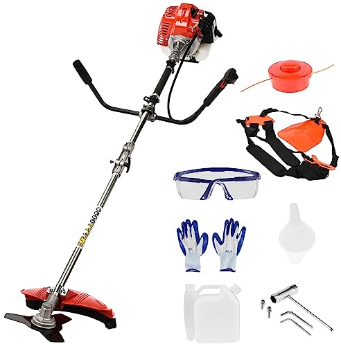 2in1 Benzin Motorsense mit Tragegurt, 52cc 2-Takt Freischneider Benzin mit Antivibrationssystem, 28cm Schnittbreite, Leistungsstark, Rasentrimmer für Garten und Feld 2,2 kW/8500 U/min (Rot)