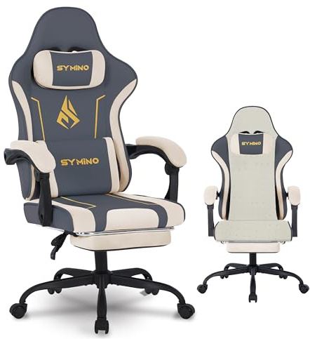 Symino Gaming Stuhl mit Latex Rückenlehne und Sitzkissen, Ergonomischer Bürostuhl, Rennstuhl-Design PC Stuhl, Verstellbarer Drehbarer Task Stühle mit Fußstütze 130kg, Grau-Beige