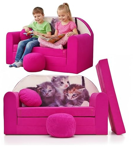 TUPPI Kindersofa mit Schlaffunktion 168x98 cm - Kindersofa Ausklappbar | Kinder Sofa für Kinderzimmer - Samtweicher Velours - 4-teilig inkl. Kissen & Puff