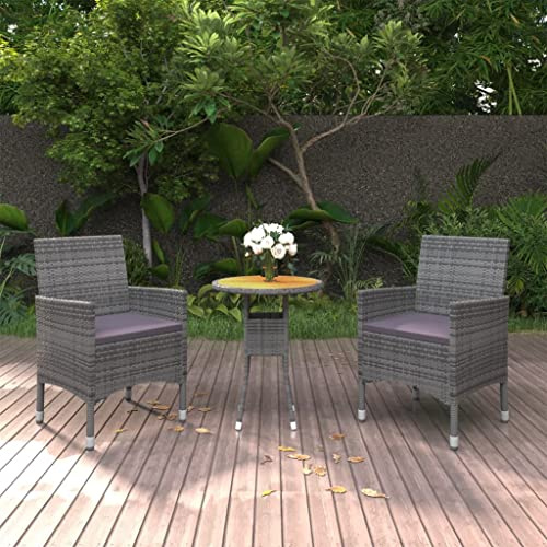 QJBSAVVA 3-teiliges Garten-Essgruppe Poly-Rattan Grau 60 x 75 cm Akazienholz-Tisch & 2 Gartensessel mit Sitzkissen Modernes Design Robust und Langlebig für Balkon Terrasse und Garten