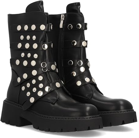 shoes&blues.es 98362 Botin de Plataforma para Mujer con Multiples Tiras Decorativas con Tachuelas metalicas, Suela Gruesa de Estilo Track, Cierre de Cremallera. Ideal Otono Invierno. Negro Talla 40