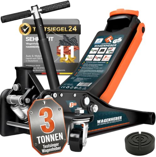 HAMMERHART - Hydraulischer Wagenheber 3T | [Testsieger] Rangierwagenheber mit 75-460mm Hubhöhe | Premium Wagenheber flach mit 360° Rollen & Doppelkolben | Jack mit Gummiauflage & T-Griff