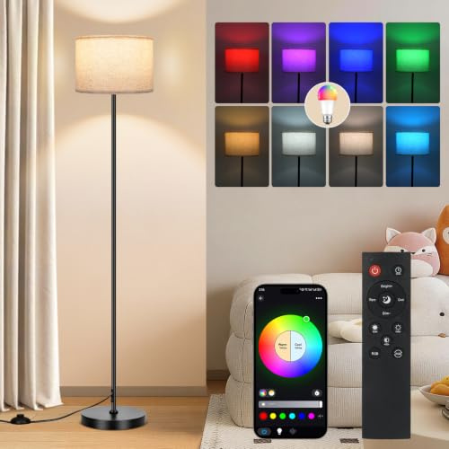 FRIDEKO HOME Floor Lamp – RGB Standing Lamp with Music Sync & Brightness Dimmable Modern Tall Lamps with App & Remote Control Standard Lights for Living Room Bedroom Gaming,Beige Lampshade