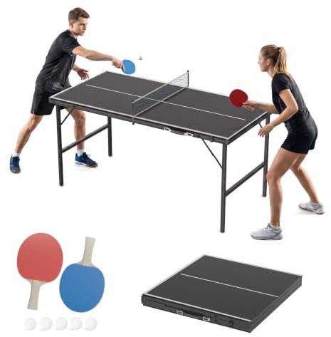 UISEBRT Mini bordtennisbord hopfällbar 152,5 x 76 cm, MDF bordsskiva med metallram, komplett ping pong set med 2 racketar, 5 bollar, nätväska, inomhus och väderskyddat utomhusbord, svart