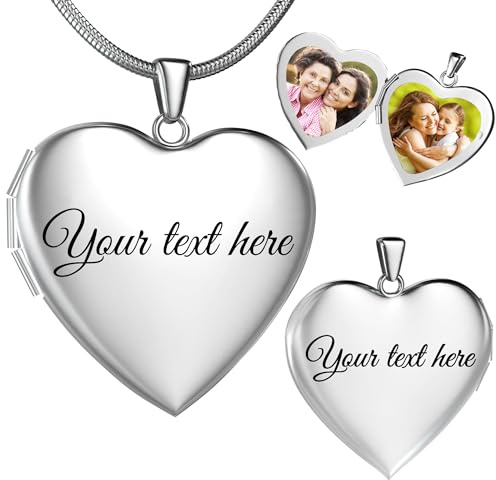Fanery Sue Personalized Heart Locket Necklace That Holds Pictures, Customized Locket Necklace with Photos Inside, Silver Gold Memorial Jewelry Mothers Day Gifts for Women(Silver Glossy)