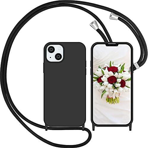 Nupcknn für iPhone 13 Hülle mit Band, Liquid Silicone Handykette Handyhülle (Abnehmbar Einstellbar) Necklace mit Kordel zum Umhängen Handy Kette Kratzfestes Stossfest Schutzhülle(Schwarz, 6.1)