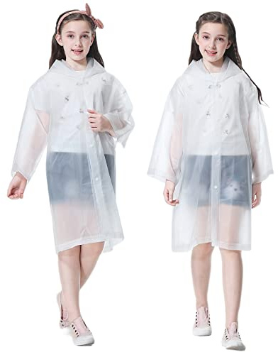 YUNLOVXEE Rain Poncho for Kids Raincoat, 2-5 Pack Reusable EVA Rain Coats for 6-14 Boys Girls, Rain Jackets Gear with Hood (White 2 Pack)