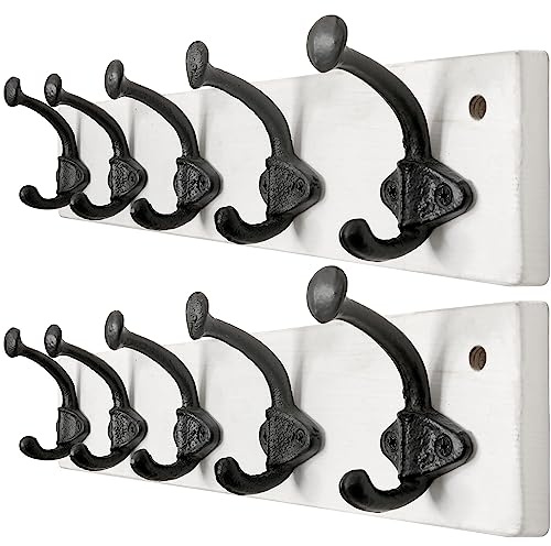 WEBI Garderobenleiste mit 5 Haken Gusseisen,Wandgarderobe Holz Garderobenhaken Wand Garderobe Hakenleiste,Kleiderhaken Wand für Mäntel,Jacken,Weiß,2 Stück