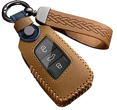 ontto Autoschlüssel Hülle Schlüsselcover Passt für Skoda Octavia Kodiaq Superb A7 VW Polo Amarok Passat B8 CC Tiguan Fernbedienung Schlüsselanhänger Leder Schlüsseletui 3 Tasten Autozubehör -C Braun