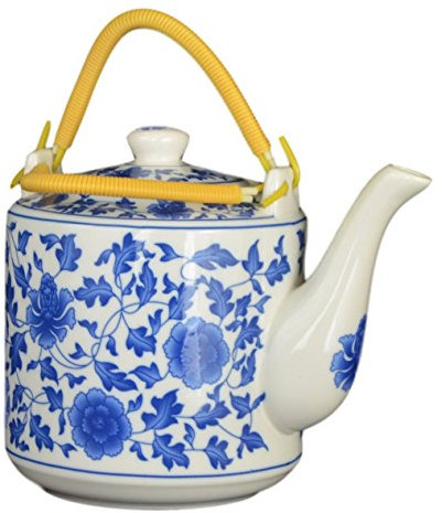Tetera Grande Tetera Azul y Blanca con Diseño Floral, Porcelana, Blanco/Azul, 1 Litro