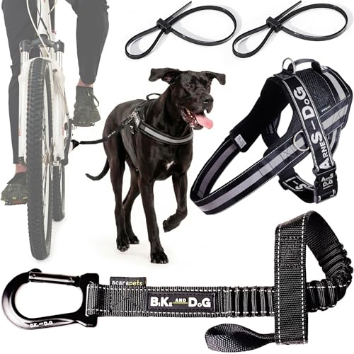 BIKE AND DOG - Dog leash and dog harness for bicycle, harness with side rings, includes 2 bicycle straps. Patented. (Black, Leash-harness XL)