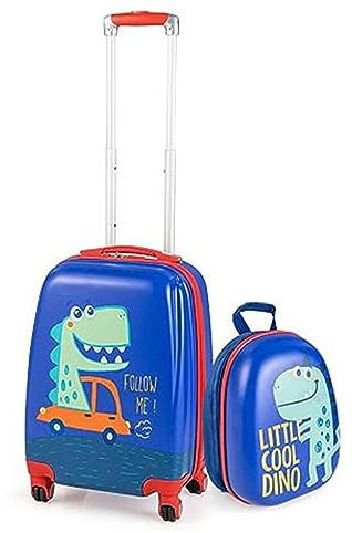 GOPLUS Kinderkoffer mit Rucksack, Kids Trolley, Kindergepäck mit Rollen, Reisekoffer mit Teleskopgriff, Hartschalenkoffer für Kinder, Kindertrolley Farbwahl (Dinosaurier, 12+18)