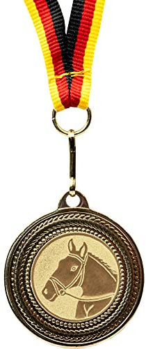 Pokal-Fabrik.de - Pferde-Medaillen 10er Set Metall - Pferdemedaille golden zum Umhängen für Siegerehrungen - Medaillen Kinder mit Deutschlandband & Emblem für Vereine & Turniere