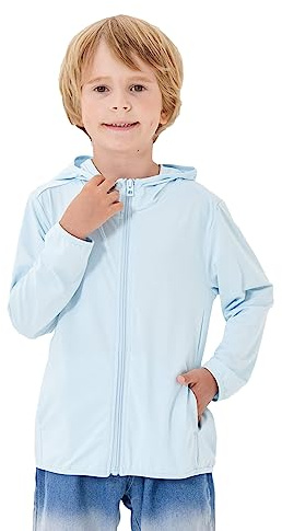TAGIHOO Kids Zipper Sun Protection Jacket Boys Girls Hooded Cooling Shirt Pockets Fishing Running Outdoor (Blue,140)