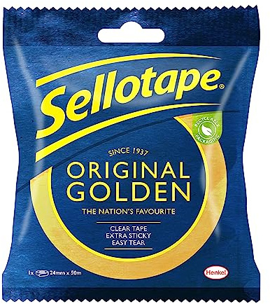 Sellotape Original Gyllene, mångsidig klar tejp för hushållsföremål, klar förpackningstejp för att fästa kuvert eller kort, lättanvänd förpackningstejp, 24 mm x 50 m