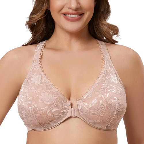 MELENECA Women's Plus Size Racerback Unlined Lace Underwire Front Closure Bra Beige 38G