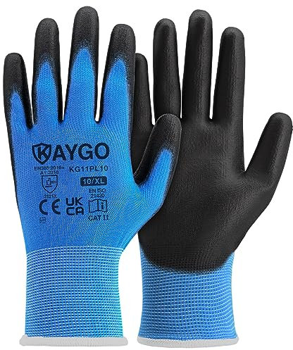 KAYGO Arbeitshandschuhe für Herren Damen 12 Paar, PU beschichtet Schutzhandschuhe, antirutsch Grip an Handflächen und Fingern, Geeignet für allgemeine Arbeit Lager DIY, KG11P (Blau, XL, Gr 10)