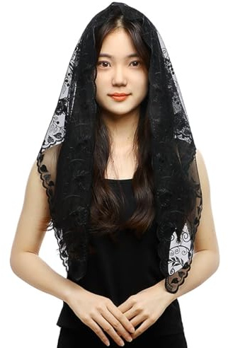 RUNRAYAY Black Veil Lace Mantilla Catholic Church Chapel Veil Head Covering Latin Mass Short, Style 1
