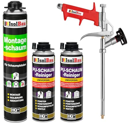 Isolbau Bauschaum-Set - Inkl. 1 x 1K Montageschaum B2 Pistolenschaum mit hervorragender Schall und Wärmedämmung (je 750 ml), 2 x PU-Schaum-Reiniger (500 ml) & 1 x Schaumpistole, Verfüllen
