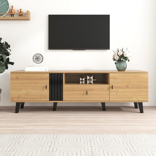 KOMHTOM meuble bas TV Credenza pour salon avec 2 portes et 1 tiroir, meuble multifonction avec étagères pour salon, entrée et chambre à coucher (C)