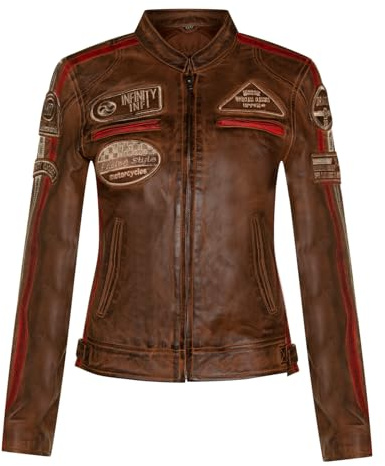Infinity Leather Mujer Bronceada Cuero motorista Casual Racing Moto Insignias Chaqueta