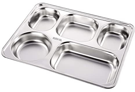 Plato hondo rectangular/cuadrado de acero inoxidable 316 de alta resistencia con bandejas divididas de 5 secciones for almuerzos infantiles, campamentos, eventos y uso diario, 22 cm cada una, juego de