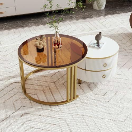 PUGSDRLY Table Basse Ronde Set de 2,Table Salon avec Tiroirs,Motif de Marbre,pour Salon Balcon,Blanc et Marron